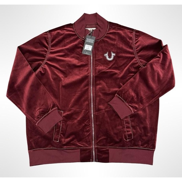 True Religion Jacket Mens XL Burgundy Velvet Big T Mock Zip Up Broadway Gunmetal - Picture 1 of 7